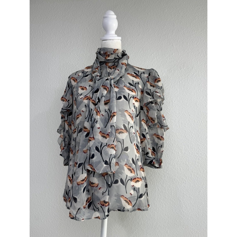 Moda International 100% Silk Sheer Floral Neck Tie Blouse XS Ruffle Sleeve Top